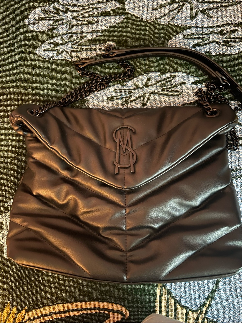 Steve Madden Quilted Black Shoulder Bag with Chain Strap and Envelope Flap